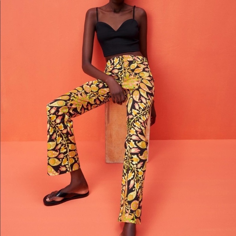 Zara Printed High Waist Flared Pants Multicolored